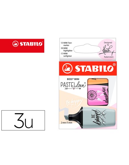 Rotulador stabilo boss mini pastel love estuche de 3 unidades fucsia helado/naranja palido/gris