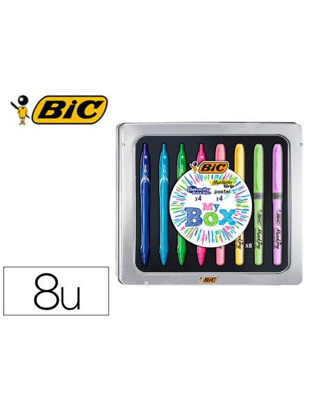 Set bic caja metalica 4 gelocity quick dry colores surtidos + 4 fluorescentes grip colores pastel surtidos