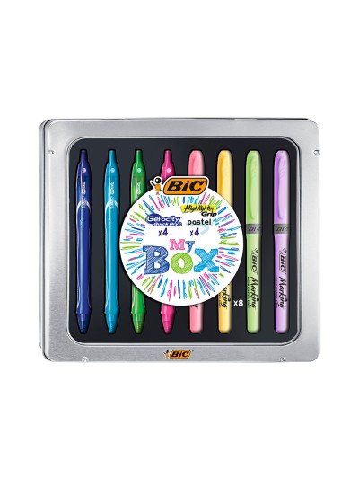 Set bic caja metalica 4 gelocity quick dry colores surtidos + 4 fluorescentes grip colores pastel surtidos
