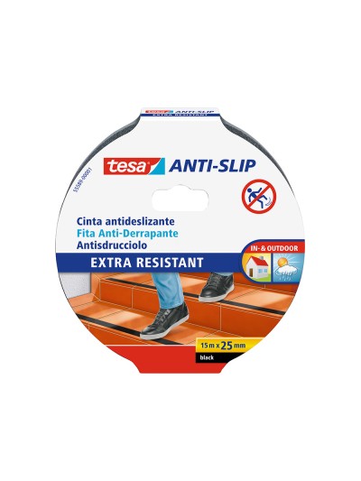 Cinta antideslizante adhesiva tesa uso interior / exterior color negro 15 mt x 25 mm