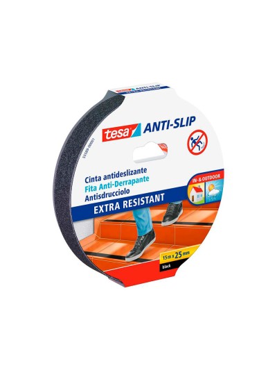 Cinta antideslizante adhesiva tesa uso interior / exterior color negro 15 mt x 25 mm