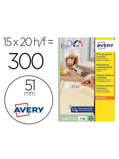 Etiqueta adhesiva avery blanca redonda removible para laser ink-jet fotocopiadora 51 mm caja de 375 unidades