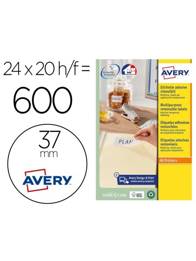 Etiqueta adhesiva avery blanca redonda removible para laser ink-jet fotocopiadora 37 mm caja de 600 unidades
