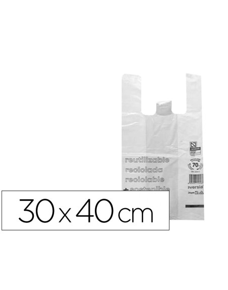 Bolsa camiseta reciclada 70% blanca 50 mc 30x40 cm apta legislacion de bolsas 2021