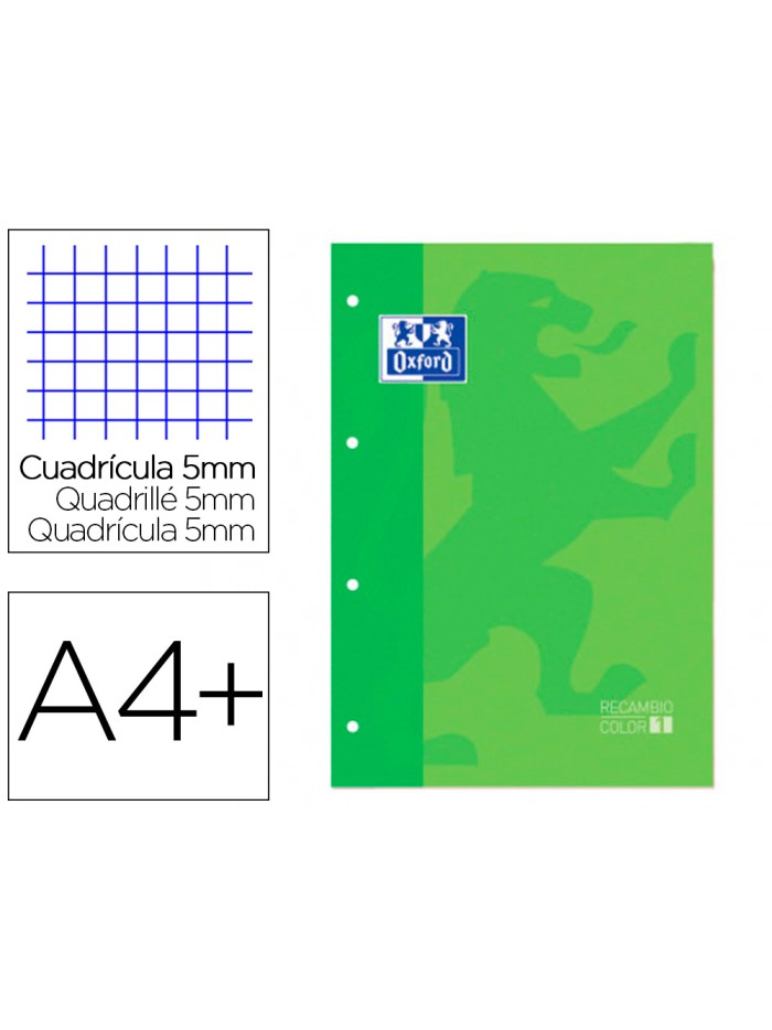 Recambio color 1 oxford din a4+ 80 hojas 90 gr cuadro 5 mm 4 taladros color verde manzana Recambio color 1 oxford din a4+ 80 hojas 90 gr cuadro 5 mm 4 taladros color verde manzana