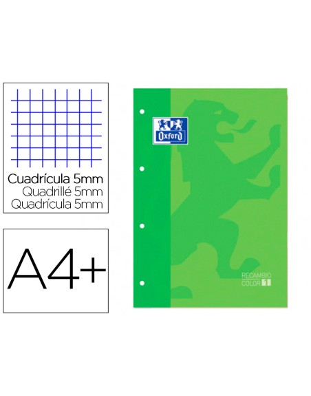 Recambio color 1 oxford din a4+ 80 hojas 90 gr cuadro 5 mm 4 taladros color verde manzana