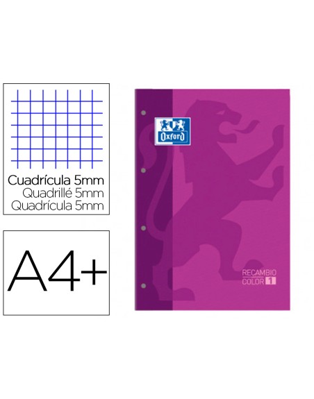Recambio color 1 oxford din a4+ 80 hojas 90 gr cuadro 5 mm 4 taladros color morado