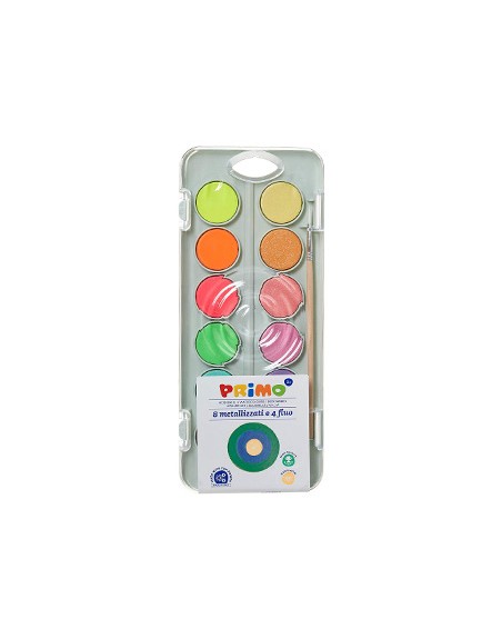 Acuarela primo 8 colores metal + 4 colores neon con pincel y paleta de mezcla estuche de plastico