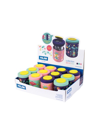 Sacapuntas milan 2 usos con deposito fairy tale expositor de 12 unidades colores surtidos