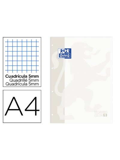 Recambio color oxford din a4 80 hojas cuadro 5 mm 4 taladros blanco