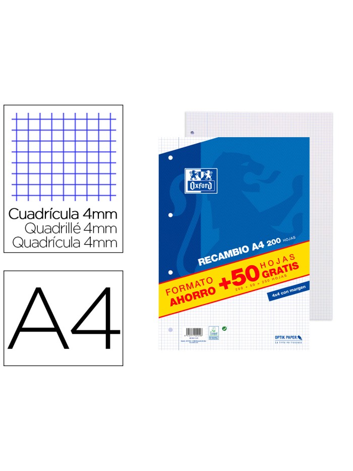Recambio oxford a4 200 + 50 hojas gratis cuadro 4 mm con margen Recambio oxford a4 200 + 50 hojas gratis cuadro 4 mm con margen