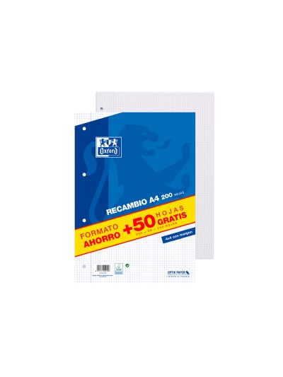 Recambio oxford a4 200 + 50 hojas gratis cuadro 4 mm con margen