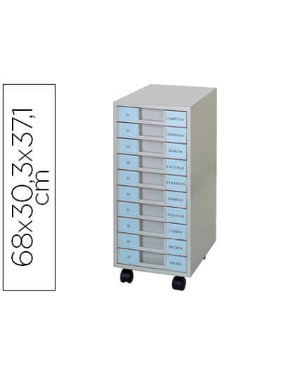 Archivador metalico clen 10 bandejas plastico de 5,5 cm de altura con ruedas color gris claro 680x303x371 mm