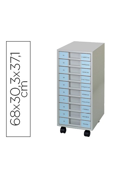 Archivador metalico clen 10 bandejas plastico de 5,5 cm de altura con ruedas color gris claro 680x303x371 mm