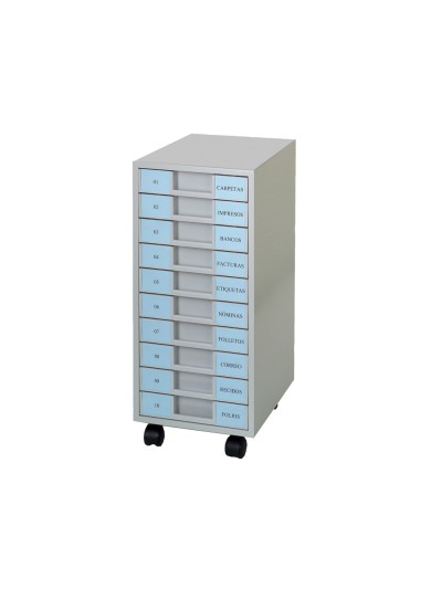 Archivador metalico clen 10 bandejas plastico de 5,5 cm de altura con ruedas color gris claro 680x303x371 mm