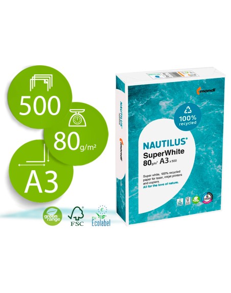 Papel fotocopiadora nautilus superwhite 100% reciclado din a3 80 gramos paquete de 500 hojas