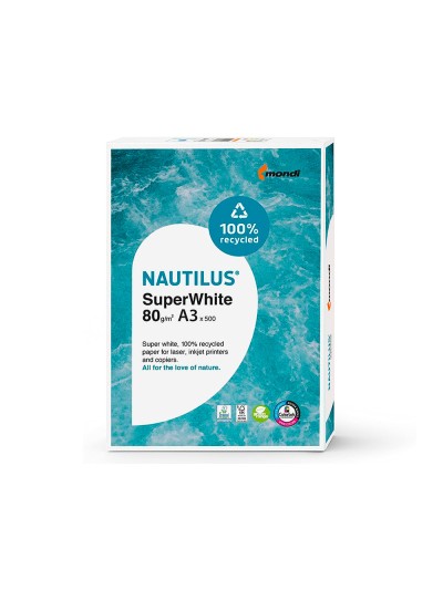 Papel fotocopiadora nautilus superwhite 100% reciclado din a3 80 gramos paquete de 500 hojas