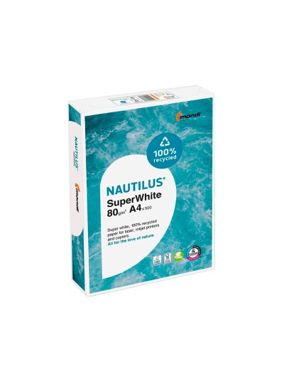 Papel fotocopiadora nautilus superwhite 100% reciclado din a4 80 gramos paquete de 500 hojas