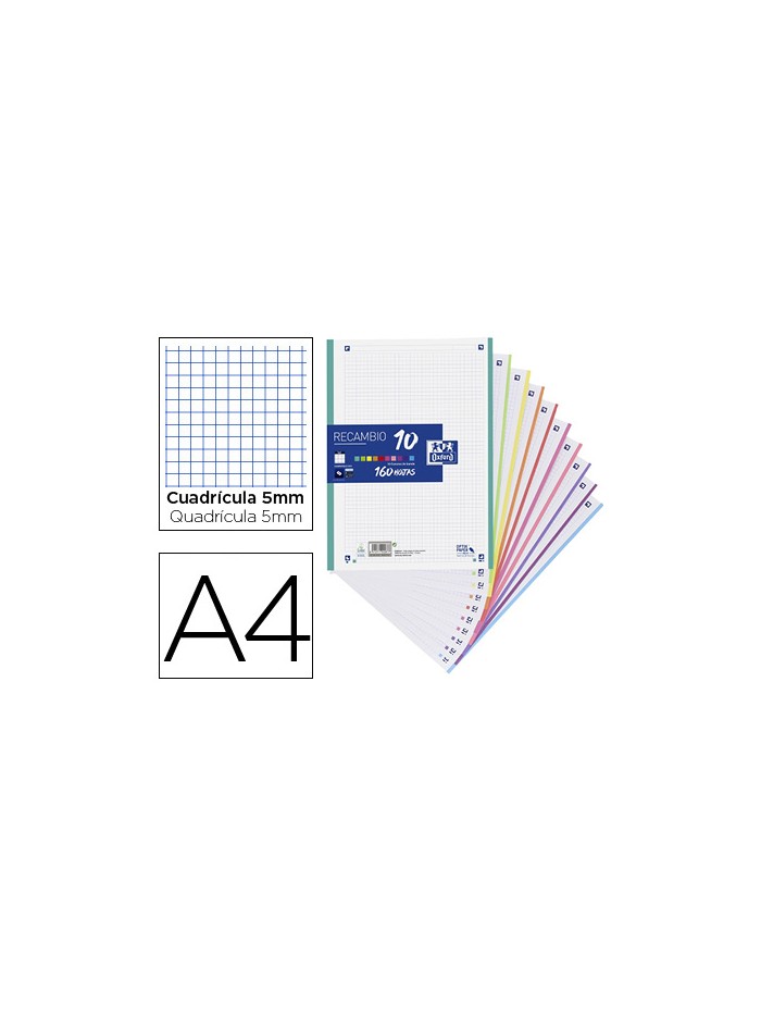 Recambio color oxford a4 160 hojas 90 gr optik paper cuadro 5 mm 4 taladros banda 10 colores Recambio color oxford a4 160 hojas 90 gr optik paper cuadro 5 mm 4 taladros banda 10 colores