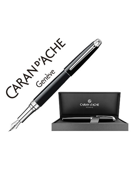 Pluma caran d'ache leman ebony laca china negra adornos plateados rodiados plumin oro 18k rodiado con