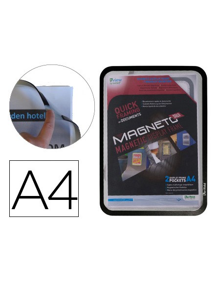 Marco porta anuncios tarifold magneto din a4 con 4 bandas magneticas en el dorso color negro pack de 2 unidades