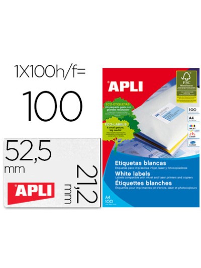 Etiqueta adhesiva apli 1284 tamaño 52,5 x 21,2 mm para fotocopiadora laser ink-jet caja con 100 hojas din a4
