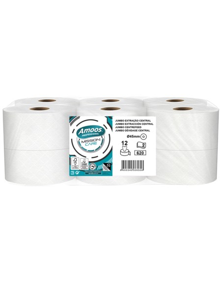 Papel higienico amoos jumbo industrial mission care extraccion central 2 capas 33g/m2 paquete de 12 rollos