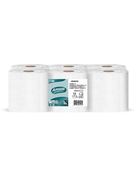Papel higienico amoos jumbo industrial 2 capas 30g/m2 paquete de 12 rollos
