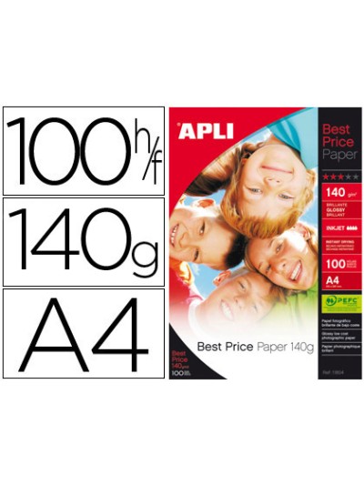 Papel fotografico apli glossy din a4 pack de 100 hojas 140 gr