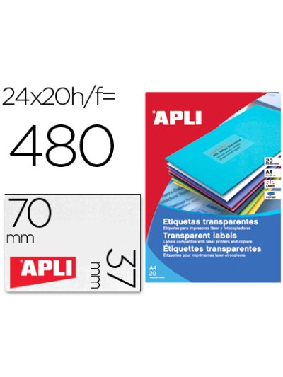Etiqueta adhesiva apli 1224 transparentes tamaño 70x37 mm para fotocopiadora laser caja 20 hojas con 480 etiquetas