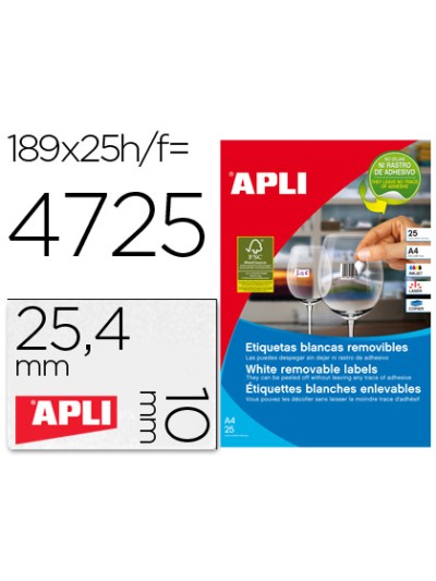 Etiqueta adhesivas apli 10198 tamaño 25,4x10 mm removible para fotocopiadora laser ink-jet caja 25 hojas con