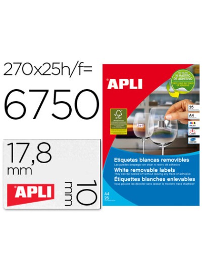 Etiqueta adhesivas apli 10197 tamaño 17,8x10 mm removible para fotocopiadora laser ink-jet caja 25 hojas con