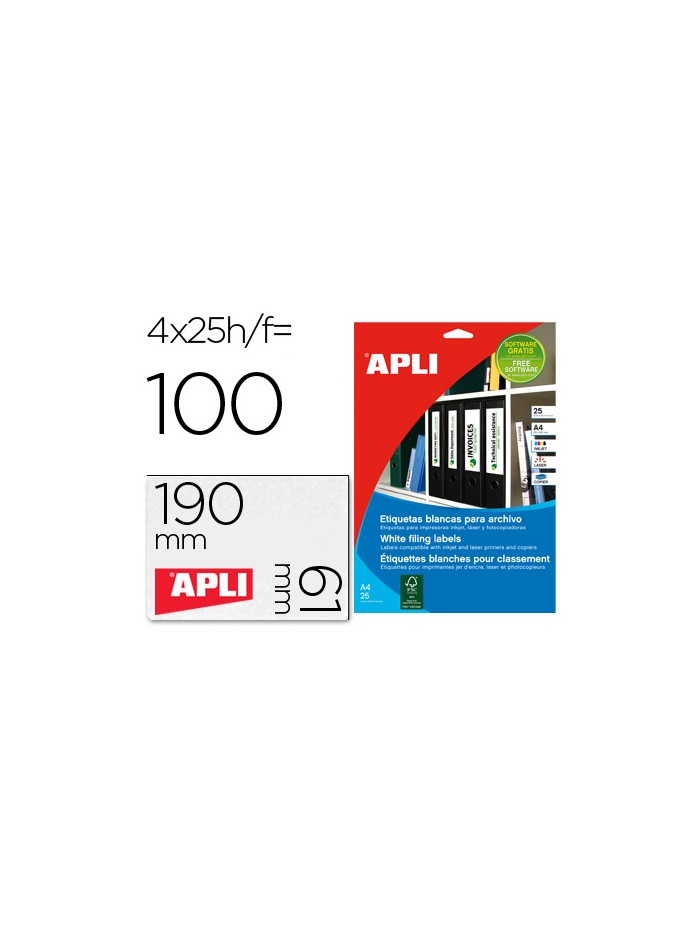 Etiqueta adhesiva apli 1233 tamaño 190x61 mm para fotocopiadora laser ink-jet caja 25 hojas con 100 Etiqueta adhesiva apli 1233 tamaño 190x61 mm para fotocopiadora laser ink-jet caja 25 hojas con 100
