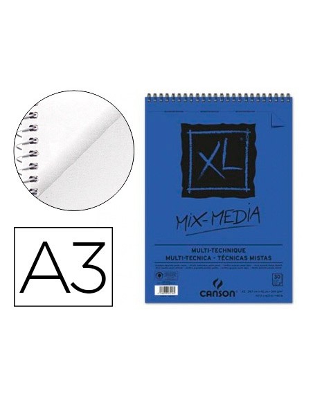 Bloc dibujo acuarela canson xl mix media grano medio din a3 microperforado espiral 29,7x42cm 30 hojas 300 gr/m2