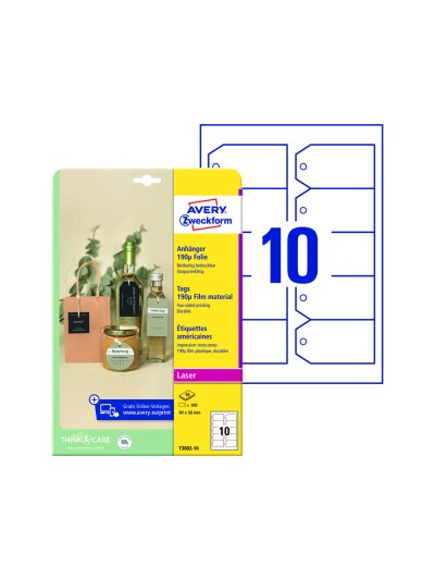 Etiqueta colgante avery blanca 90x50 mm imprimible doble cara plastico 190 mc pack de 100 unidades