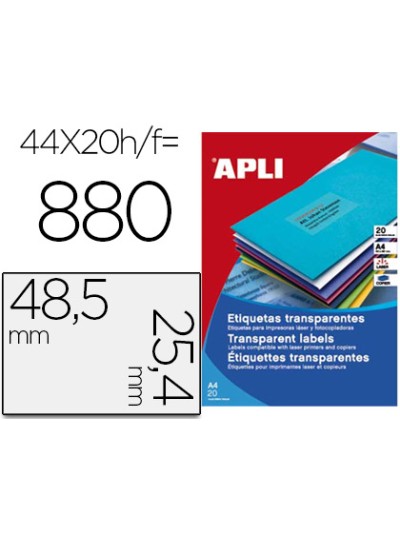 Etiqueta adhesiva apli transparente 48,5x25,4 mm fotocopia laser inkjet caja 20 hojas din a4 con 880