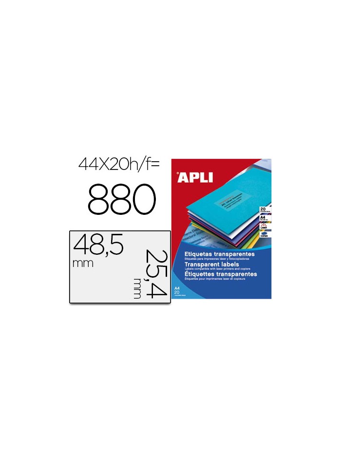 Etiqueta adhesiva apli transparente 48,5x25,4 mm fotocopia laser inkjet caja 20 hojas din a4 con 880 Etiqueta adhesiva apli transparente 48,5x25,4 mm fotocopia laser inkjet caja 20 hojas din a4 con 880