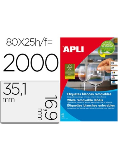 Etiqueta adhesiva apli 35,6x16,9 mm fotocopiadora laser inkjet caja 25 hojas din a4 con 2000 etiquetas