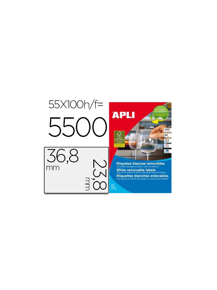 Etiqueta adhesiva apli 36,8x23,8 mm fotocopiadora laser inkjet caja 100 hojas din a4 con 5500 etiquetas Etiqueta adhesiva apli 36,8x23,8 mm fotocopiadora laser inkjet caja 100 hojas din a4 con 5500 etiquetas