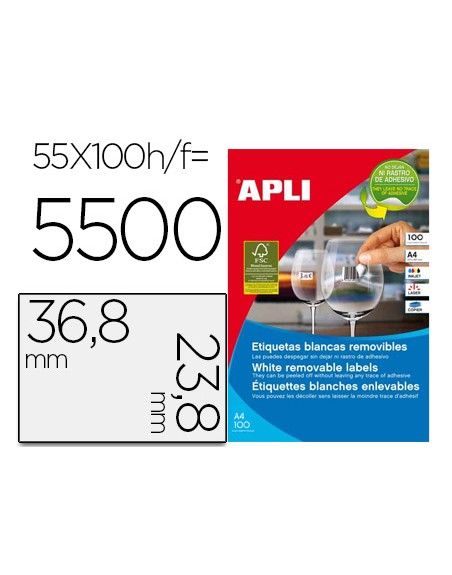 Etiqueta adhesiva apli 36,8x23,8 mm fotocopiadora laser inkjet caja 100 hojas din a4 con 5500 etiquetas