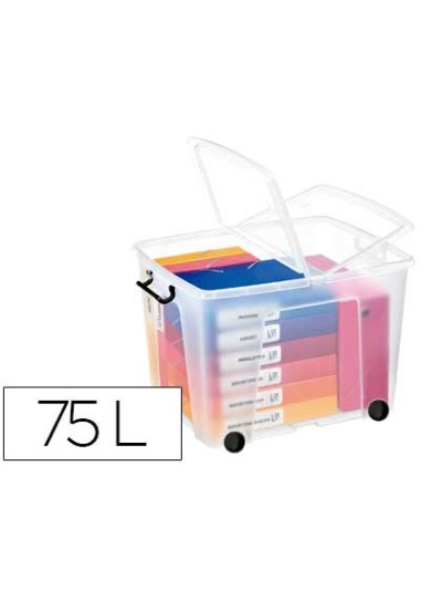 Contenedor plastico cep 75 litros 485x600x415 mm transparente con tapa cierre hermetico y 4 ruedas