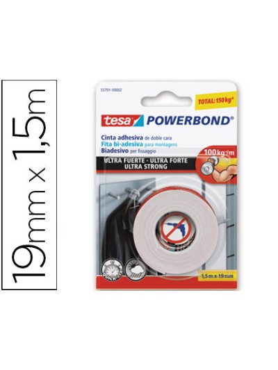 Cinta adhesiva tesa doble cara ultra strong extrafuerte para interior y exterior 1,5m x19mm