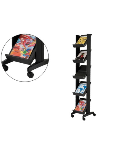 Expositor paperflow de suelo movil 5 estantes de 275x327mm color negro tamaño del expositor 350x1675x385 mm