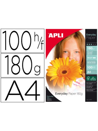 Papel fotografico apli glossy din a4 pack 100 hojas de 180 gr