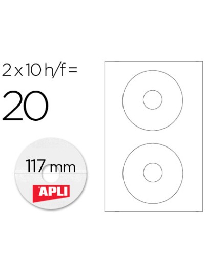 Etiqueta adhesiva apli 10603 tamaño cd-rom 117 mm para fotocopiadora laser ink-jet caja con 10 hojas/20 etiquetas