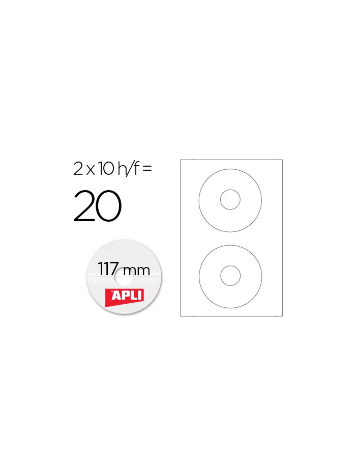 Etiqueta adhesiva apli 10603 tamaño cd-rom 117 mm para fotocopiadora laser ink-jet caja con 10 hojas/20 etiquetas Etiqueta adhesiva apli 10603 tamaño cd-rom 117 mm para fotocopiadora laser ink-jet caja con 10 hojas/20 etiquetas