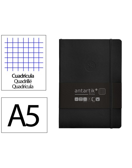 Cuaderno con gomilla antartik notes tapa blanda a5 hojas cuadricula negro 80 hojas 80 gr fsc