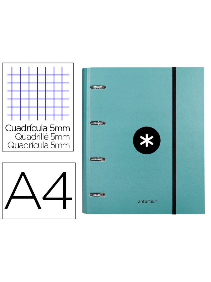 Carpeta con recambio antartik a4 cuadro 5mm forrada 4 anillas 40mm redondas con solapa color menta