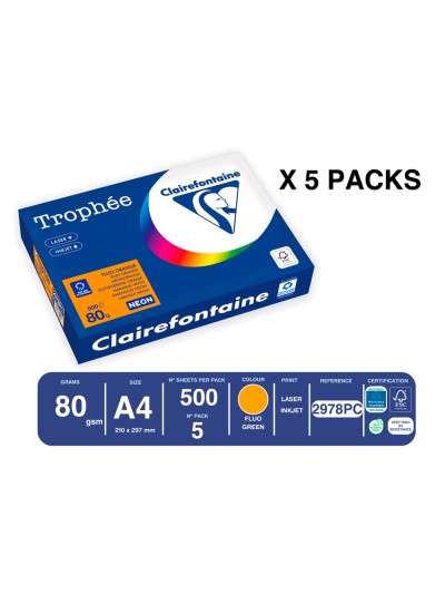 Papel color trophee a4 80gr naranja neon paquete de 500 hojas