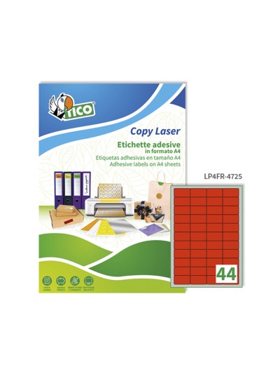 Etiqueta adhesiva tico rojo fl uorescentes permanente fsc laser/inkjet/fotocopia 47,5x25,5 mmcaja de 3080 unidades